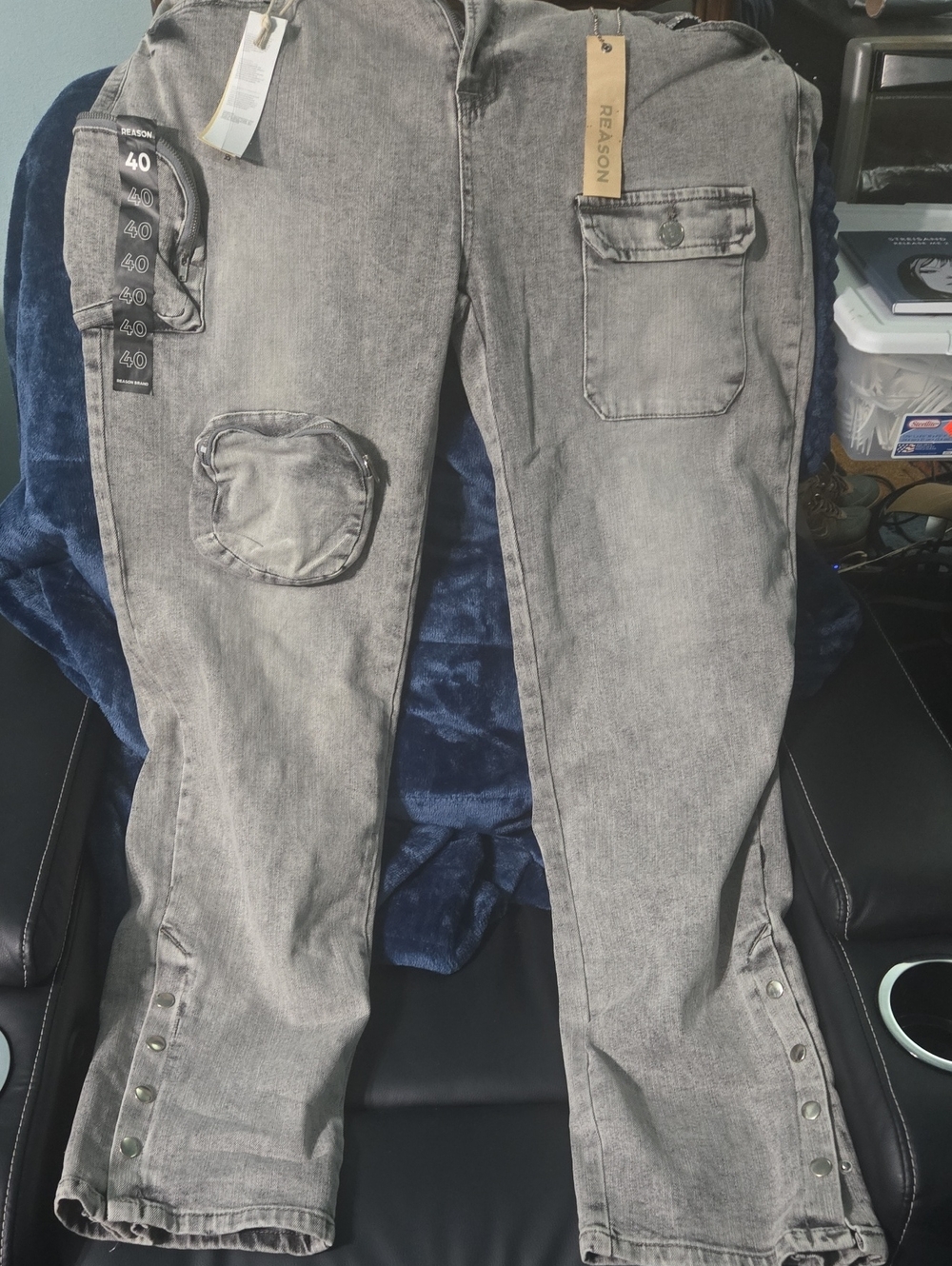 Reason Men's Washed Grey Cargo Pants with Snap Details